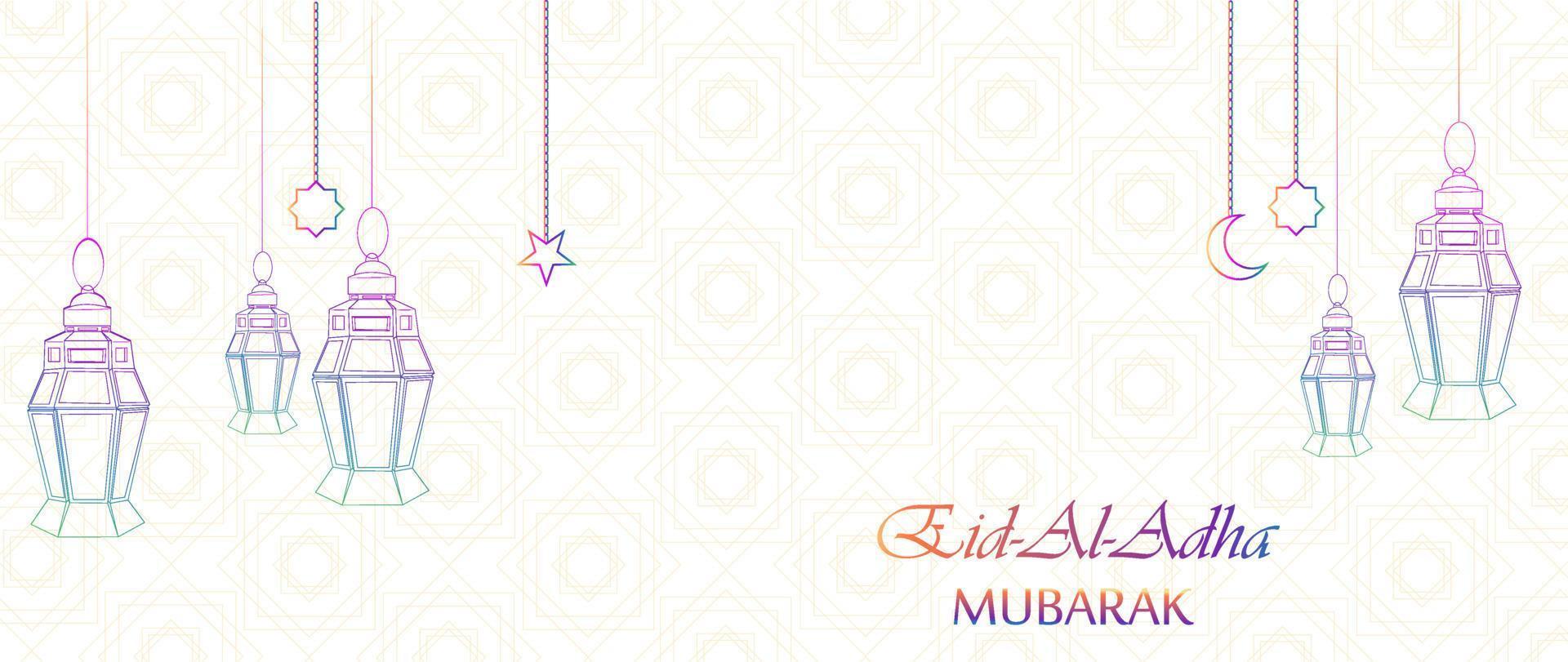 Eid Al Adha Muslim traditional holiday. Beautiful greeting card with hanging lanterns, moon and stars on abstract background. vector