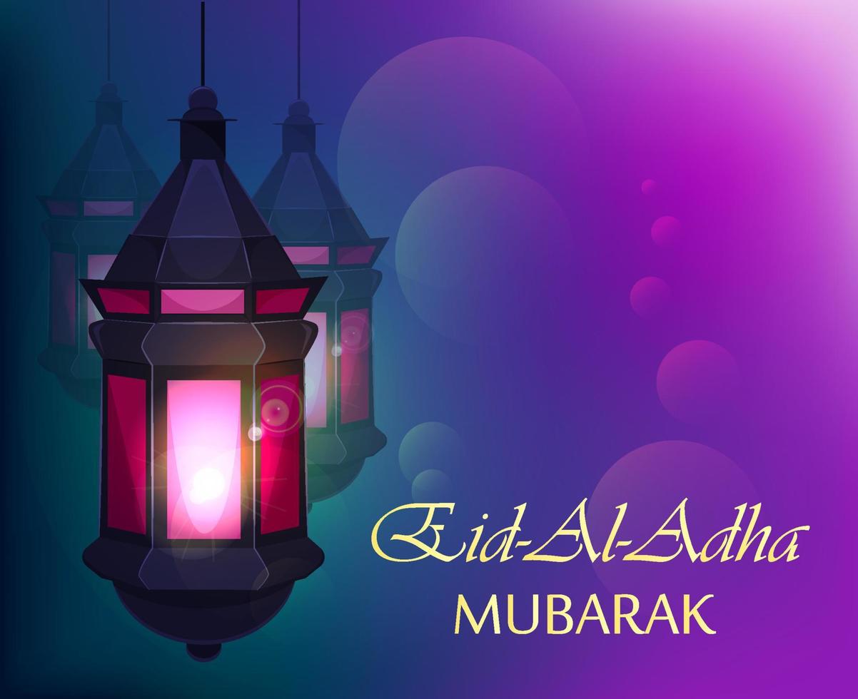 Eid Al Adha Muslim traditional holiday. Beautiful greeting card with traditional Arabic lantern on blurred purple background. vector