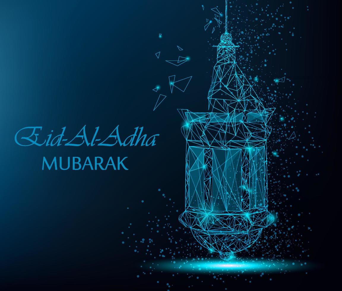 Eid Al Adha beautiful greeting card with traditional Arabic lantern. Polygonal art on blue background. vector