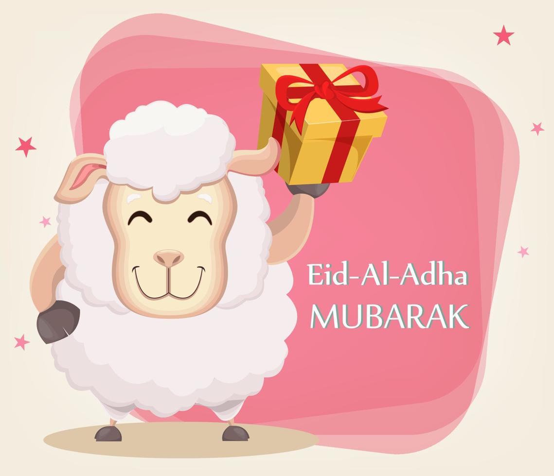 fiesta del sacrificio eid al-adha. fiesta tradicional de muselina. tarjeta de felicitación, oveja divertida con caja de regalo. vector