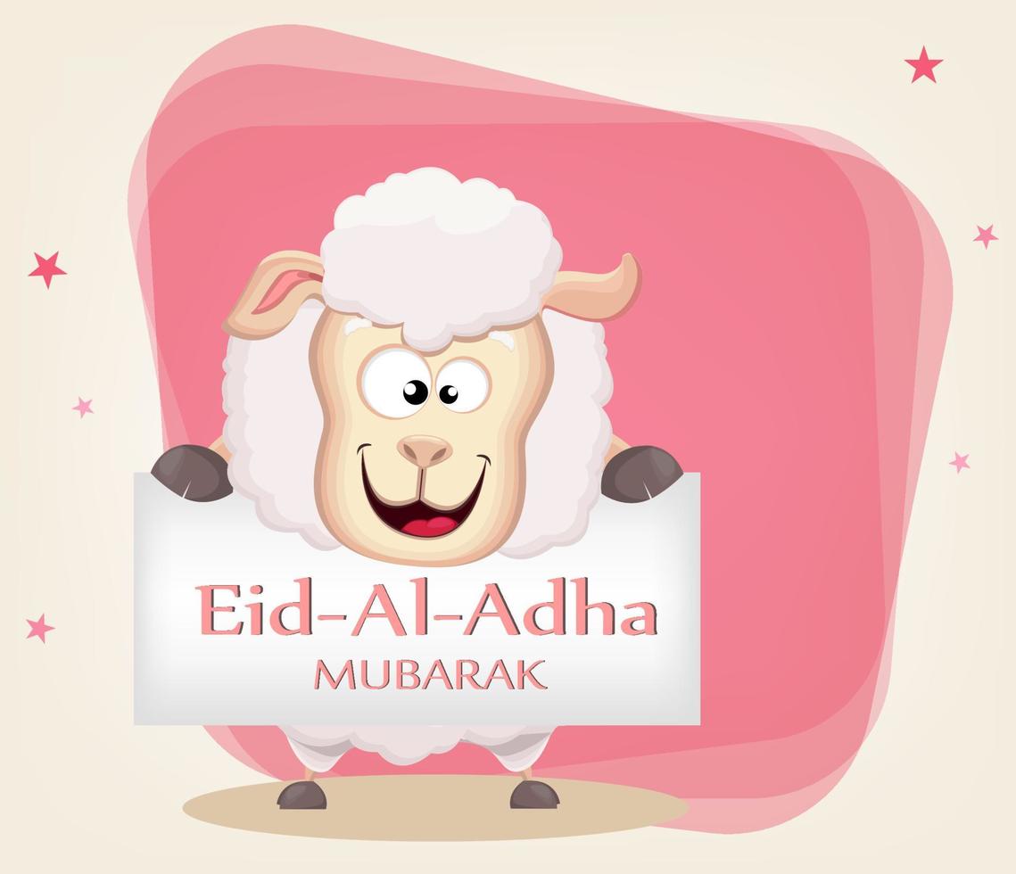 Festival of sacrifice Eid al-Adha. Traditional muslin holiday. Greeting card with funny sheep holding placard. vector