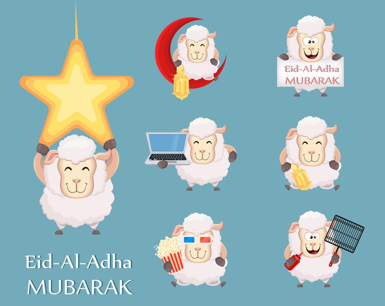 Festival of sacrifice Eid al-Adha. Traditional muslin holiday. Set of funny sheep with various things. vector