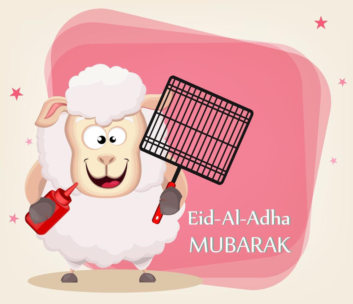 Festival of sacrifice Eid al-Adha. Traditional muslin holiday. Greeting card with funny sheep holding barbecue grid and sauce vector