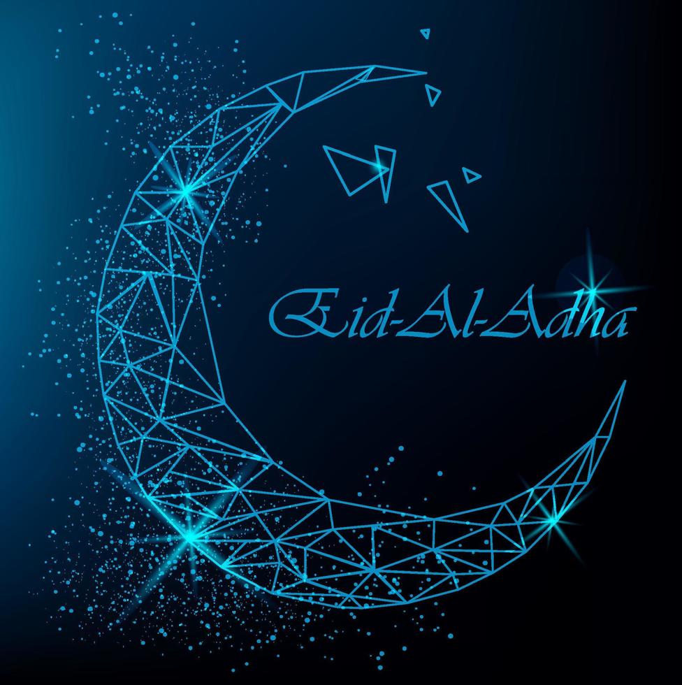 Eid Al Adha traditional Muslim holiday. Beautiful greeting card with polygonal moon with glitter on blue background. vector