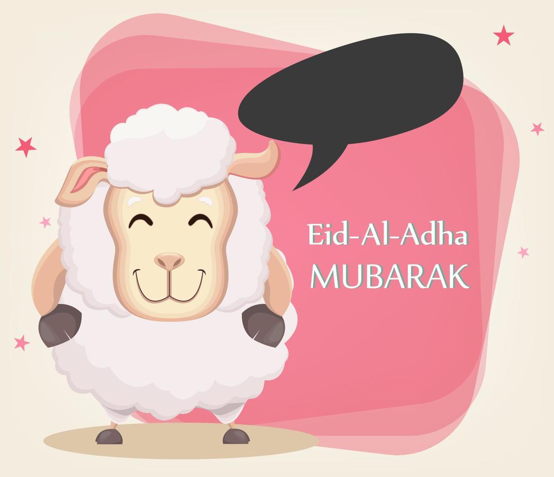 Festival of sacrifice Eid Al Adha. Traditional muslin holiday. Greeting card, funny sheep with empty speech bubble. vector