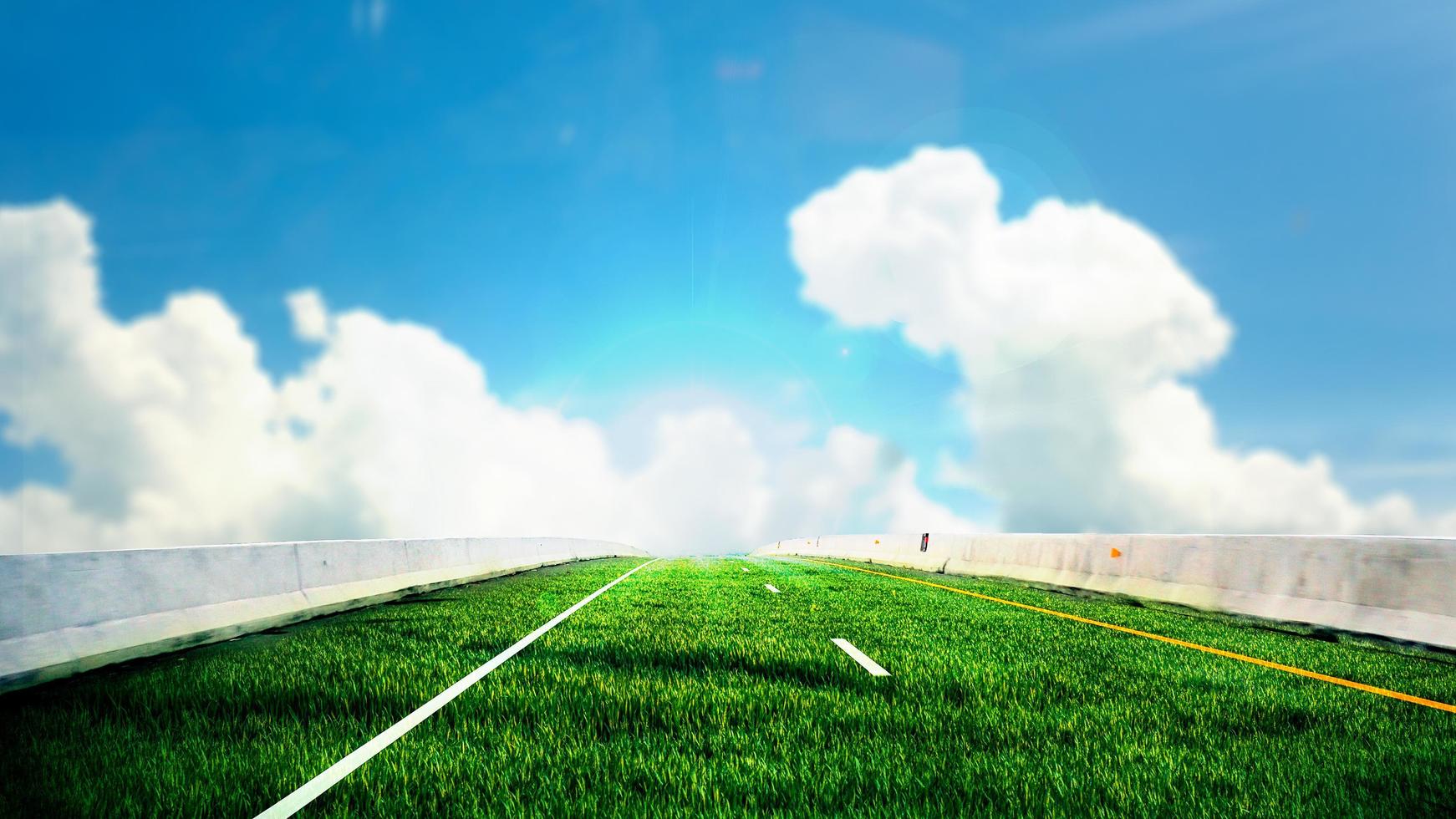 Green road concept without pollution. The road is made of grass on a bright day. photo