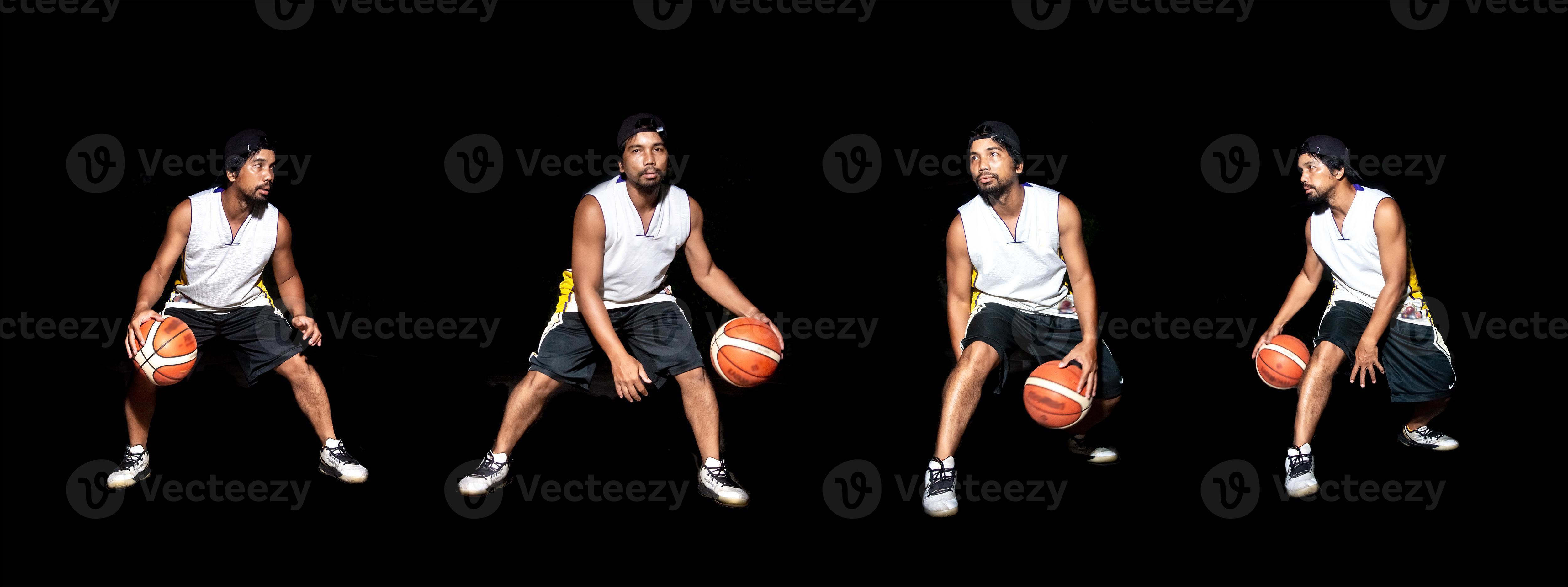 Gesture of Asian basketball player dribbling on black background