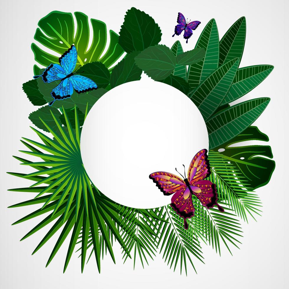 hojas tropicales con mariposas. fondo de diseño floral. vector