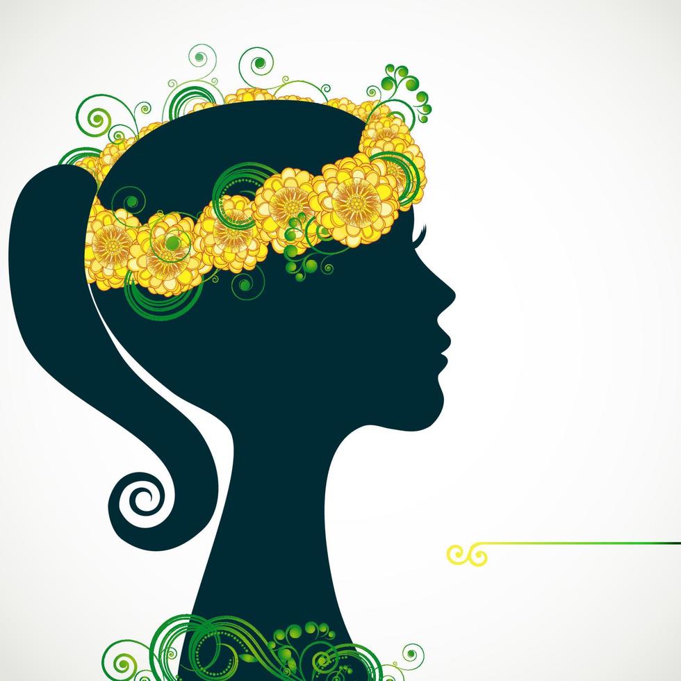 perfil de hermosa mujer joven en corona de flores amarillas en el cabello. ilustración vectorial tarjeta de felicitación belleza y moda. vector