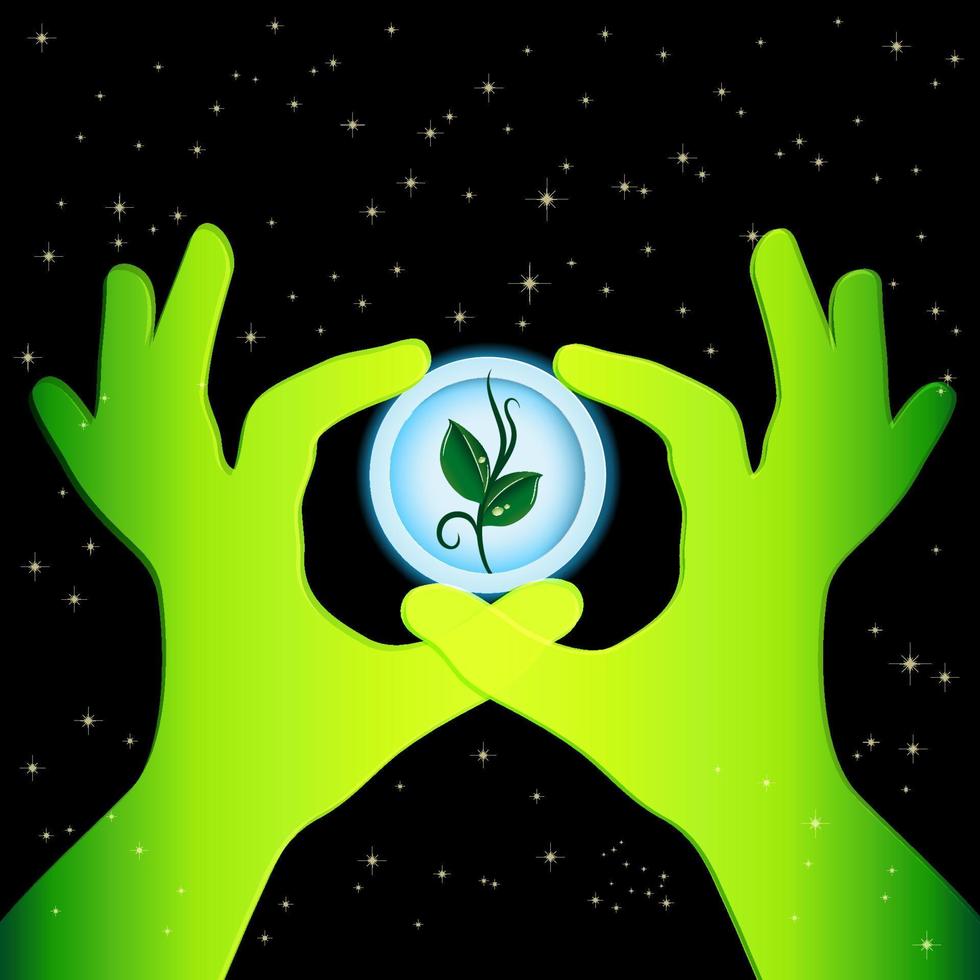 Earth day ecology concept background. Illustration with a small sprout in a round paper frame holds green hands. Take care of the Earth vector