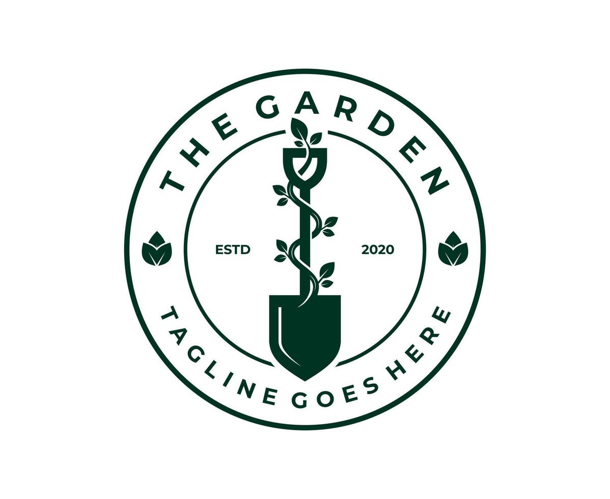Shovel spade scoop with flower tree leaf root plant for garden plantation culitivation farm logo design Vector template