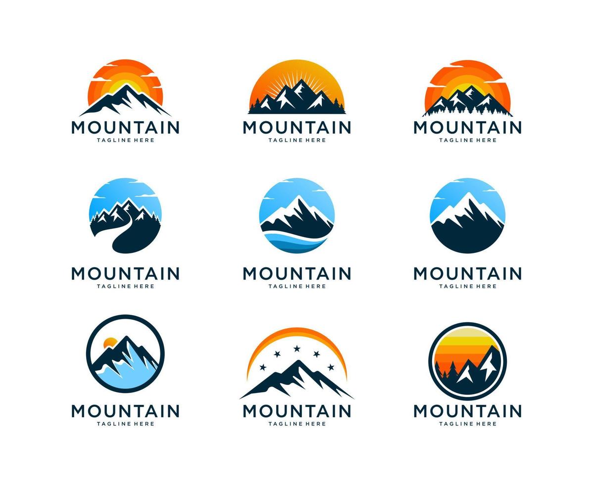 conjunto de picos de montaña río arroyo simple diseño de logotipo vector