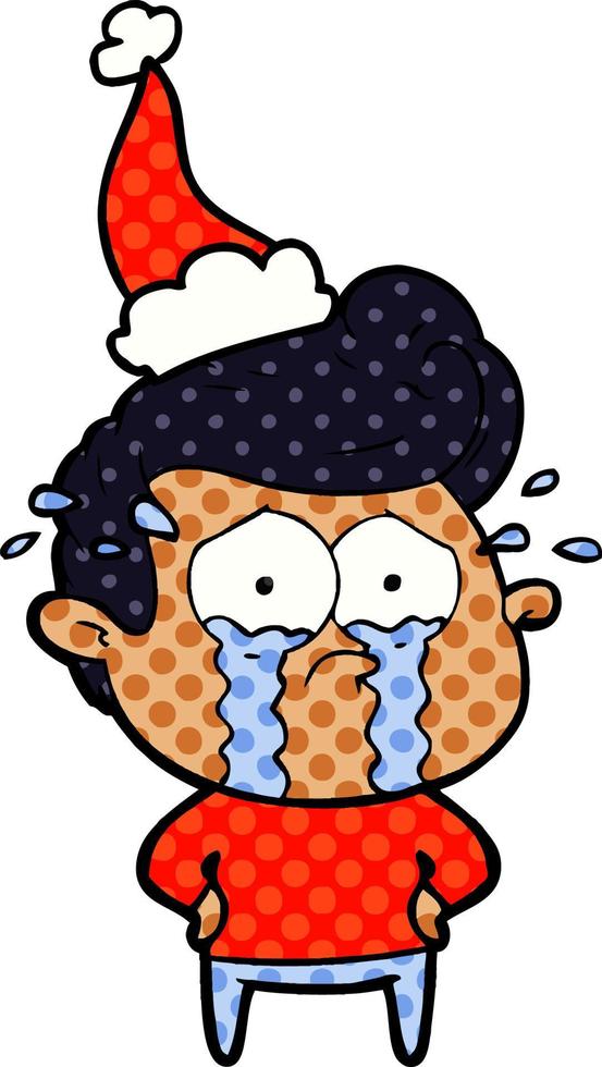 comic book style illustration of a crying man wearing santa hat vector