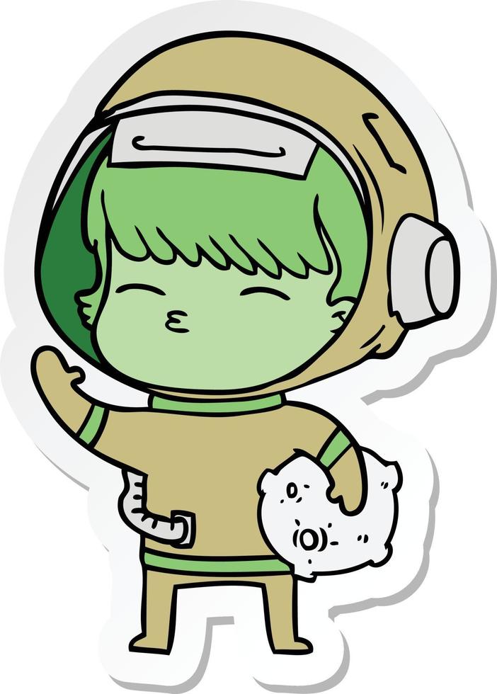 sticker of a cartoon curious astronaut carrying space rock vector