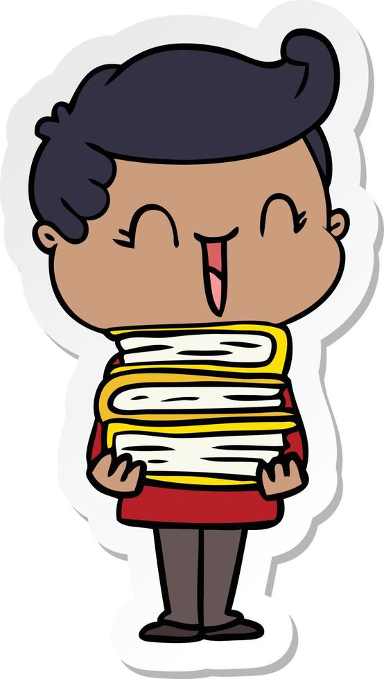 sticker of a cartoon laughing boy carrying books vector