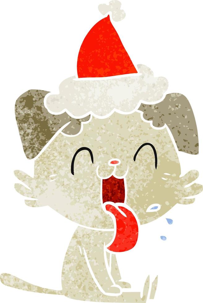 retro cartoon of a panting dog wearing santa hat vector