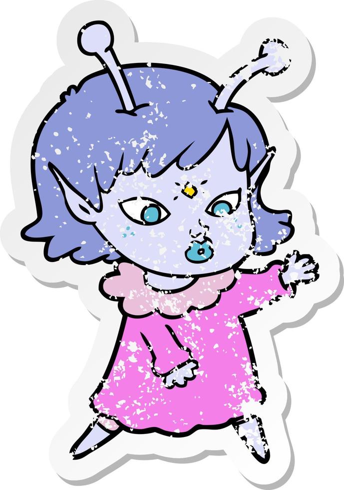 distressed sticker of a pretty cartoon alien girl vector
