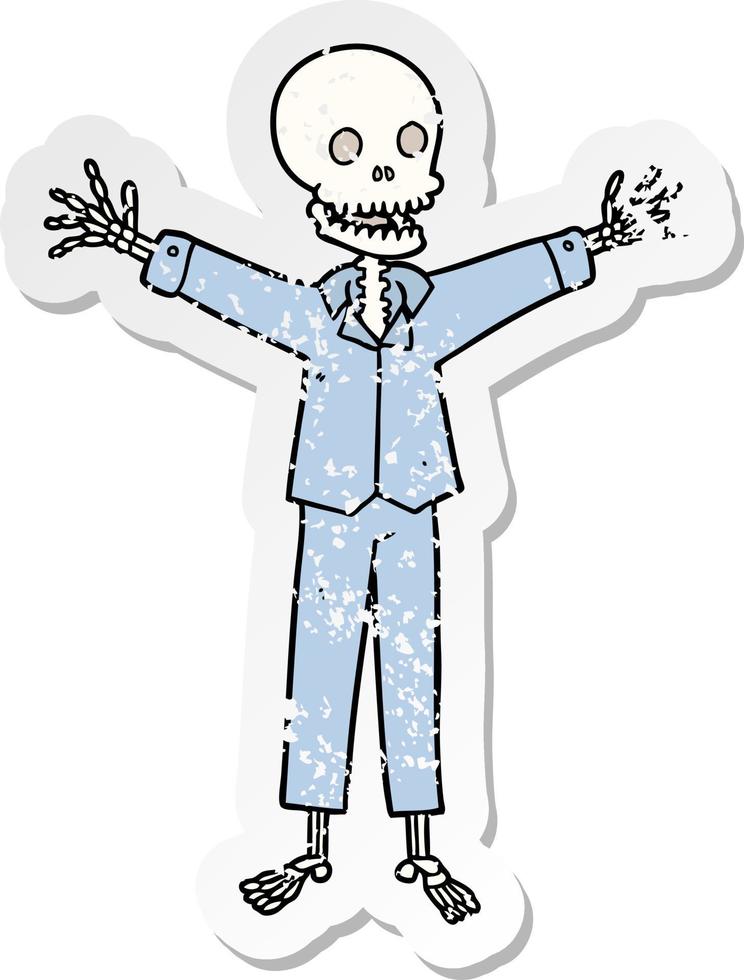 distressed sticker of a cartoon skeleton wearing pajamas vector