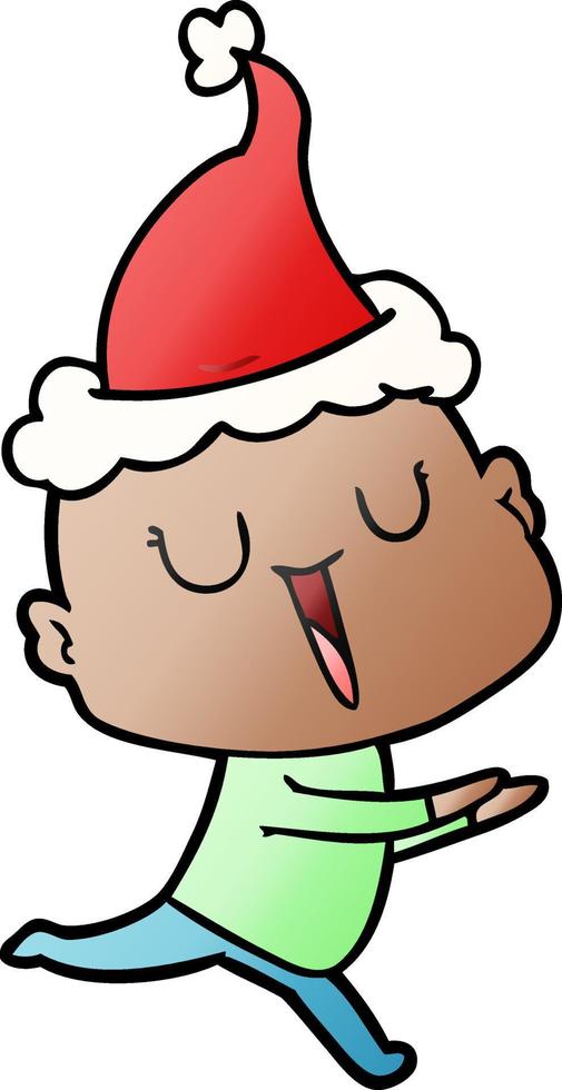 happy gradient cartoon of a bald man wearing santa hat vector
