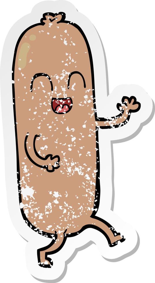 distressed sticker of a cartoon dancing sausage vector
