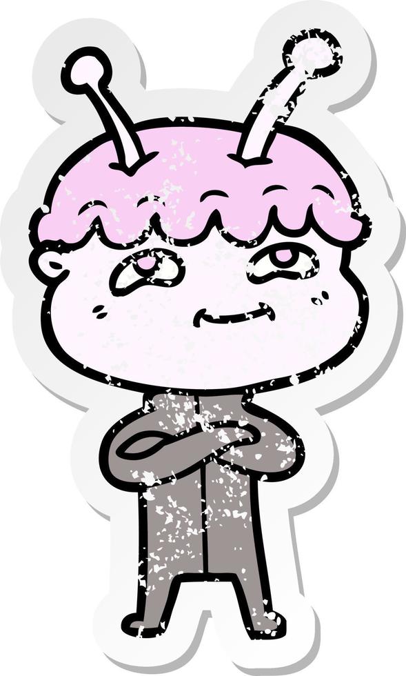 distressed sticker of a friendly cartoon spaceman vector