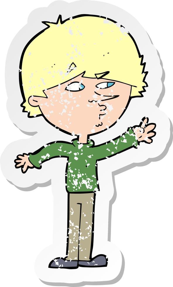 retro distressed sticker of a cartoon worried man reaching vector