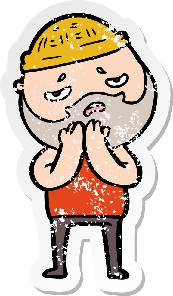 distressed sticker of a cartoon worried man with beard vector