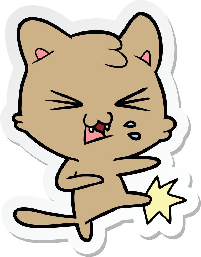sticker of a cartoon hissing cat vector