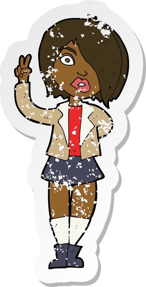 retro distressed sticker of a cartoon cool girl giving peace sign vector