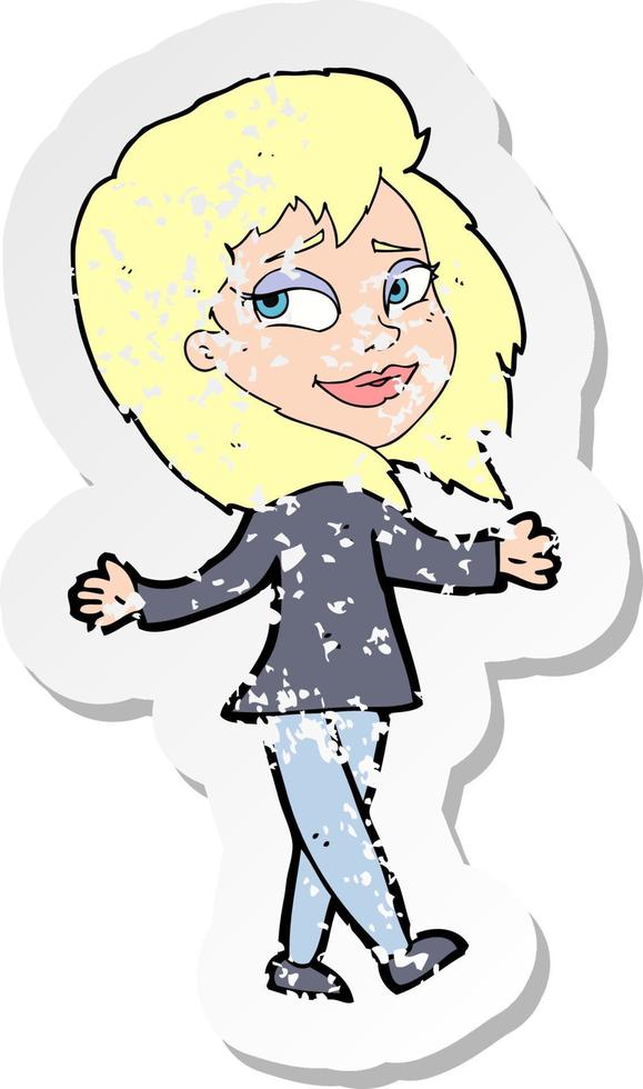 retro distressed sticker of a stress free woman cartoon vector