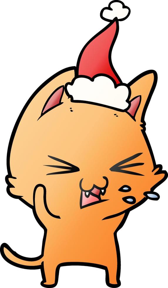 gradient cartoon of a cat hissing wearing santa hat vector