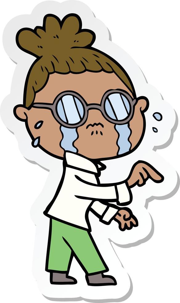 sticker of a cartoon crying woman wearing spectacles vector
