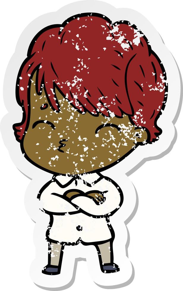 distressed sticker of a cartoon woman thinking vector