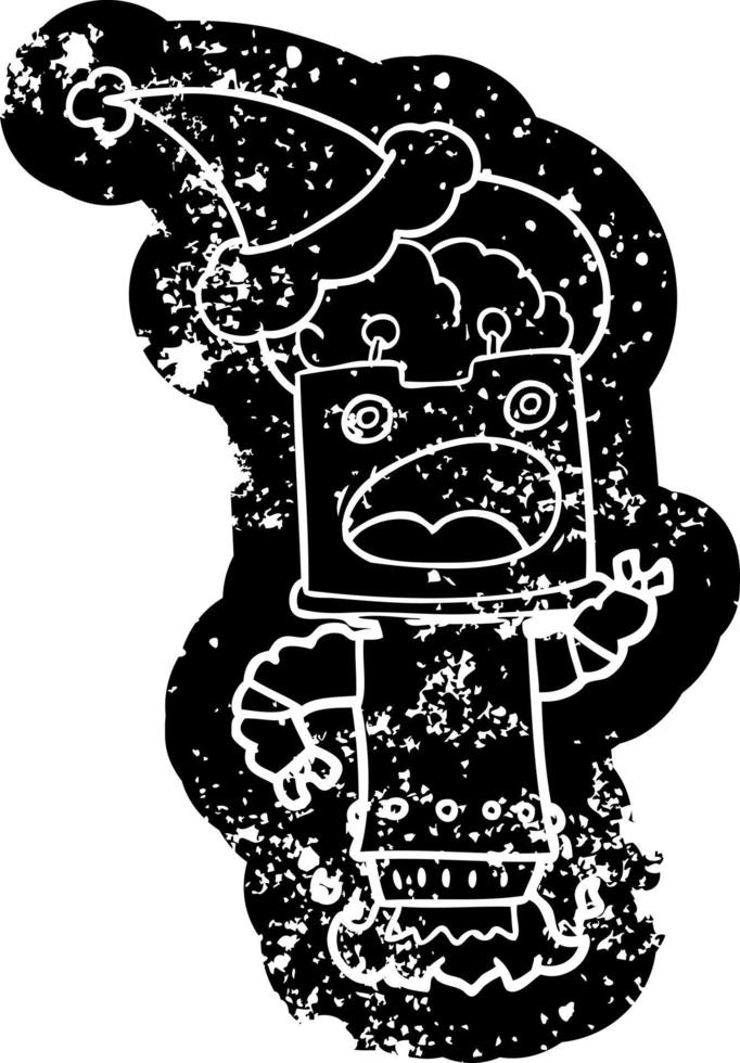 cartoon distressed icon of a robot wearing santa hat vector