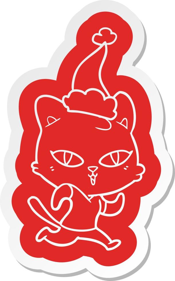 cartoon  sticker of a cat out for a run wearing santa hat vector