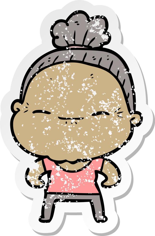 distressed sticker of a cartoon peaceful old woman vector