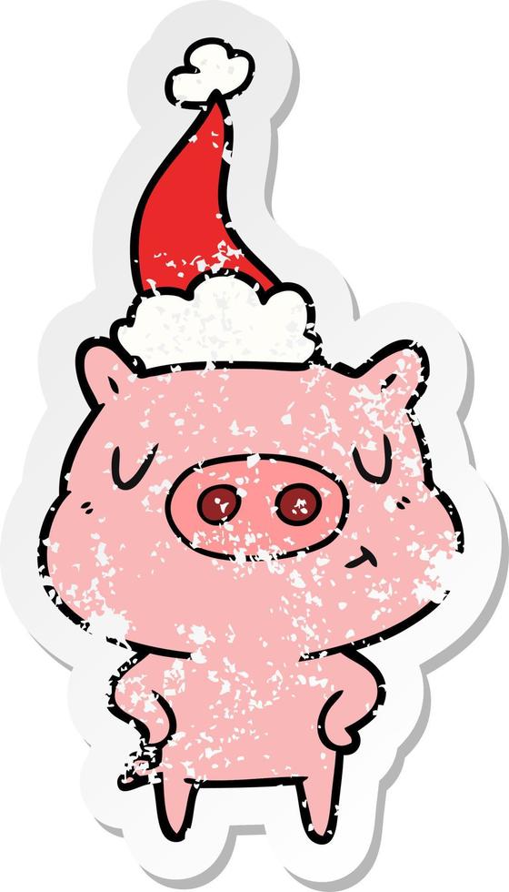 distressed sticker cartoon of a content pig wearing santa hat vector