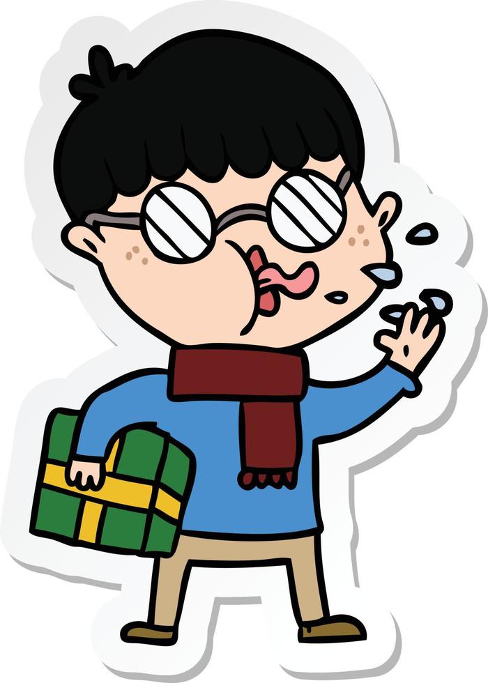 sticker of a cartoon boy wearing spectacles with christmas gift vector