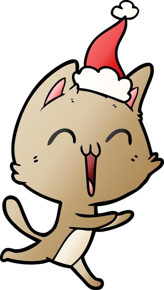 happy gradient cartoon of a cat meowing wearing santa hat vector