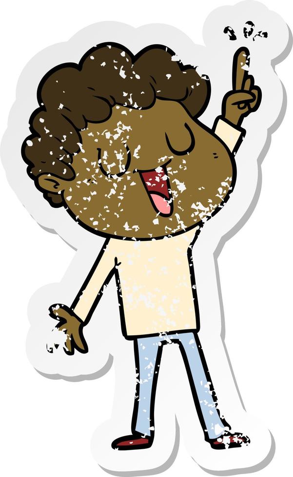 distressed sticker of a laughing cartoon man with great idea vector