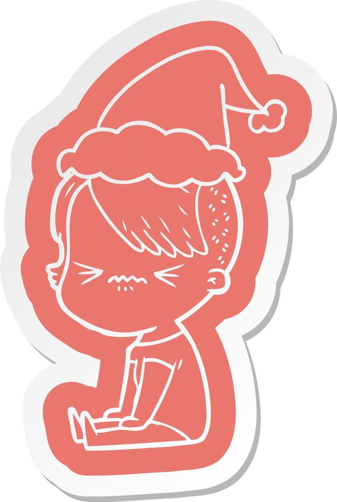 cartoon  sticker of a annoyed hipster girl wearing santa hat vector