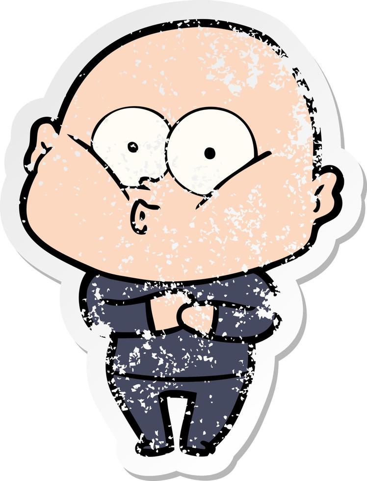 distressed sticker of a cartoon bald man staring vector