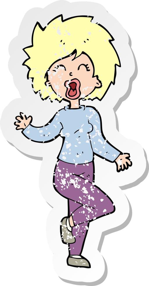 retro distressed sticker of a cartoon woman dancing vector