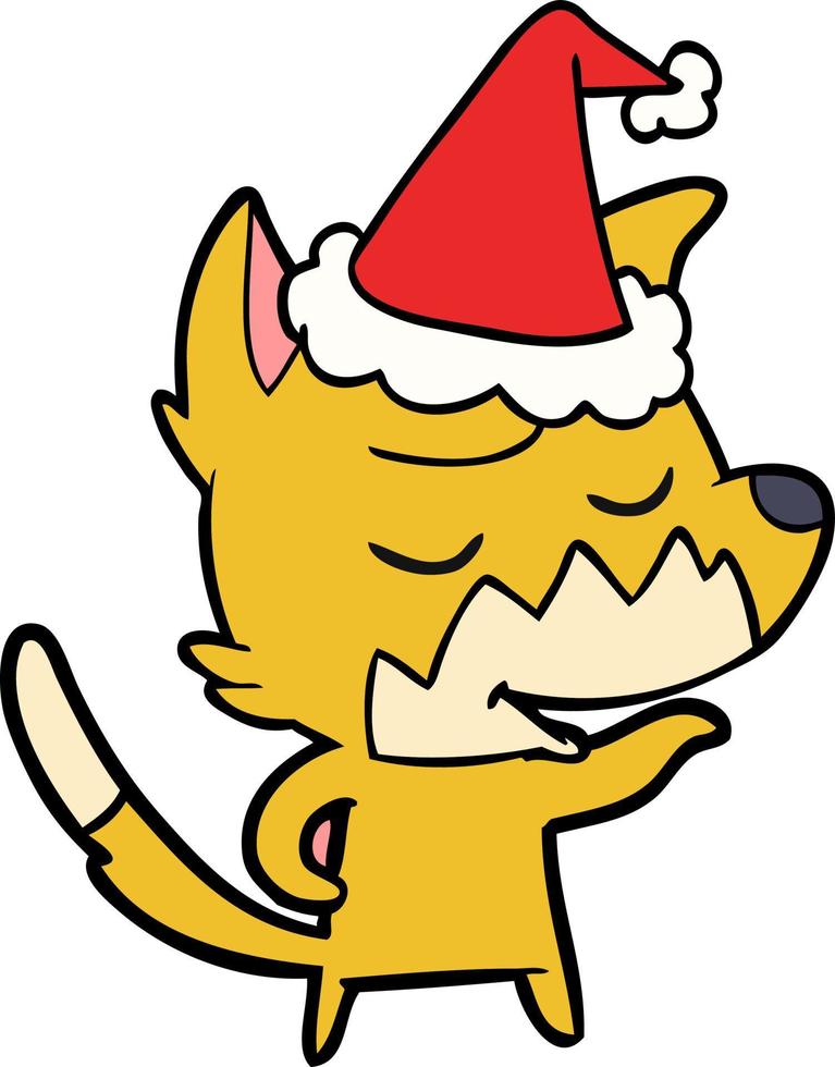 friendly line drawing of a fox wearing santa hat vector