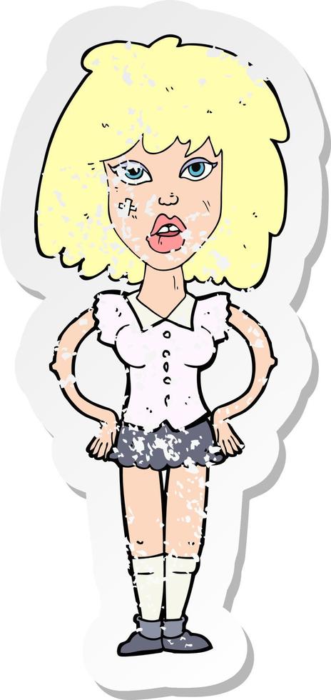 retro distressed sticker of a cartoon woman been in fight vector