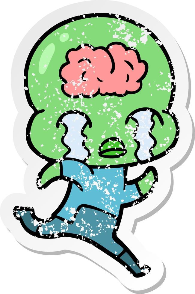 distressed sticker of a cartoon big brain alien crying vector