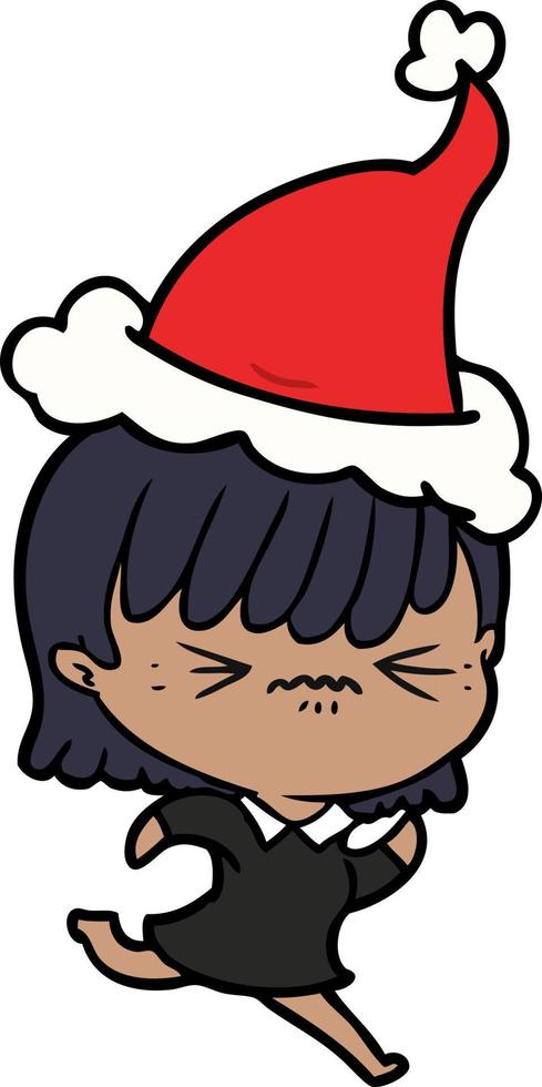 annoyed line drawing of a girl wearing santa hat vector