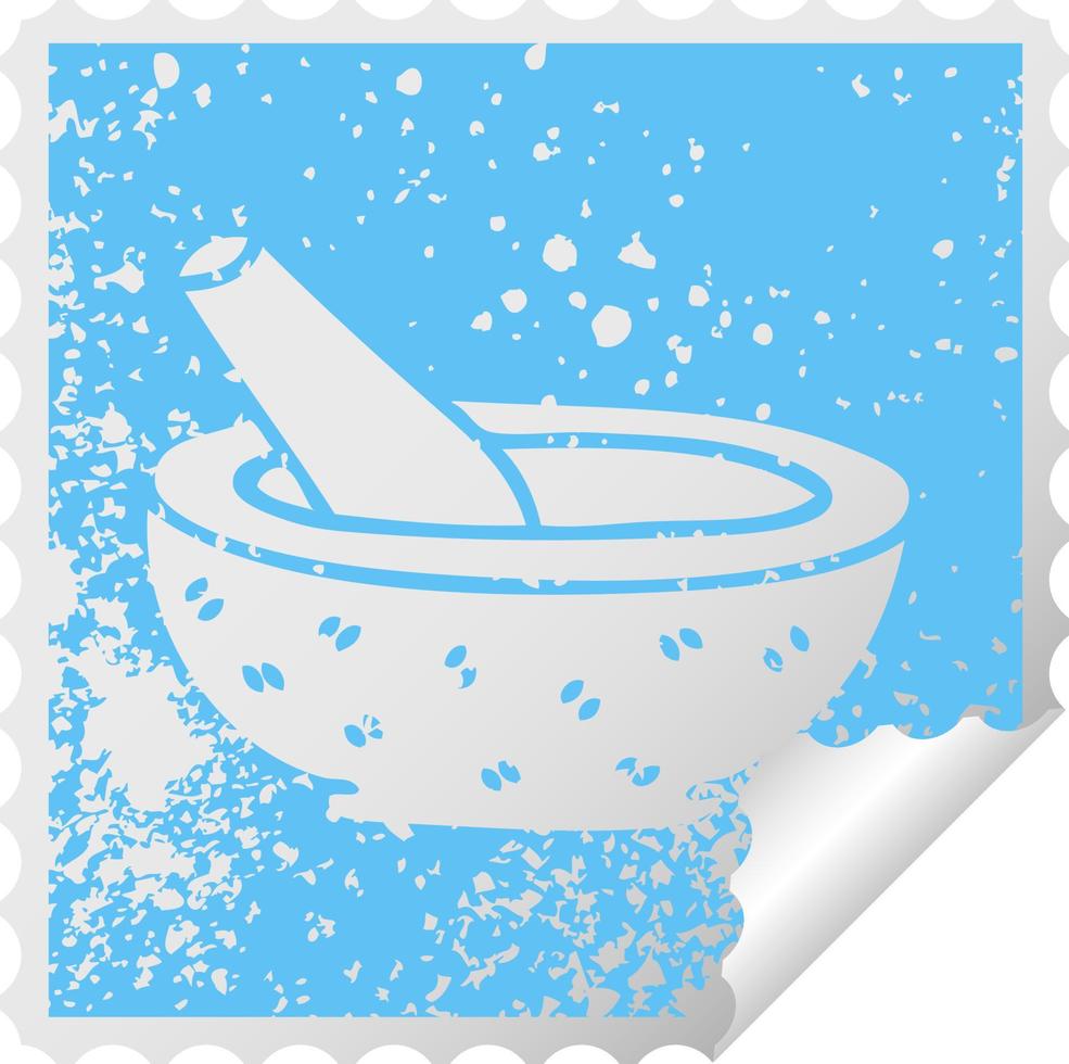 quirky distressed square peeling sticker symbol pestle and mortar vector