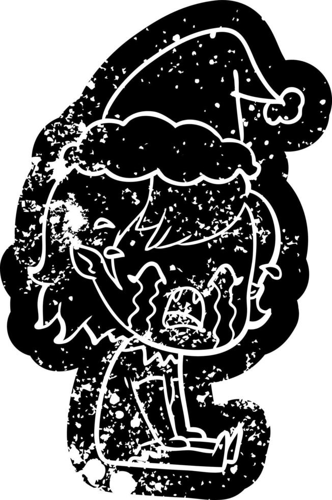 cartoon distressed icon of a crying vampire girl wearing santa hat vector