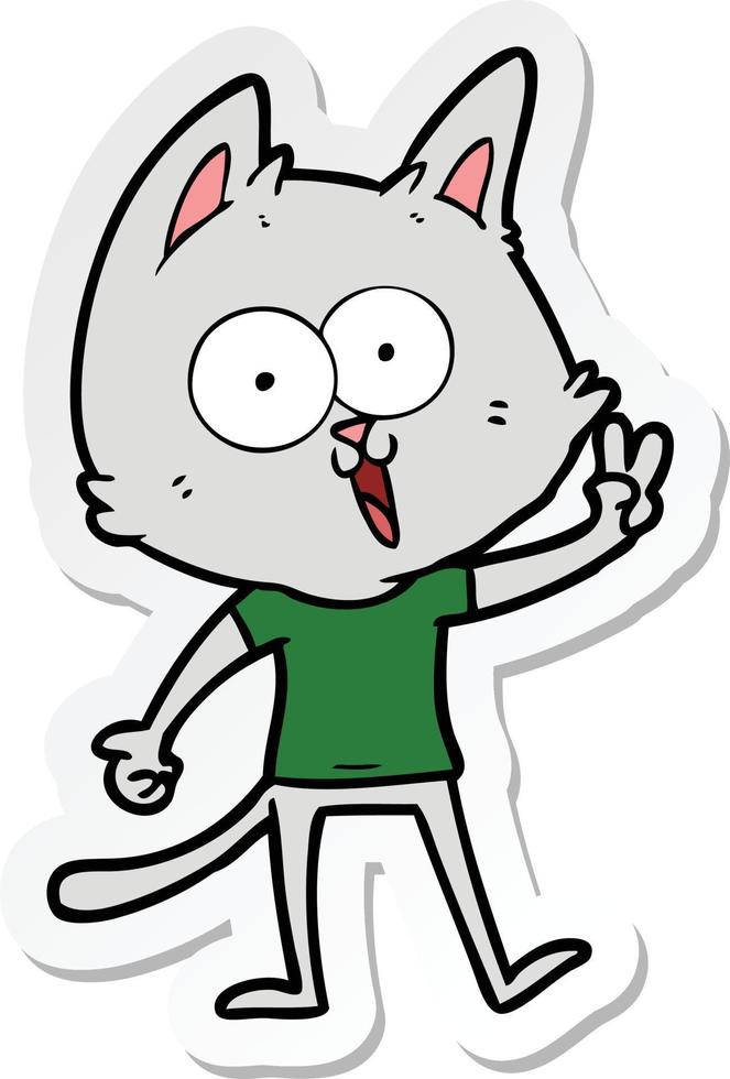 sticker of a funny cartoon cat giving peace sign vector